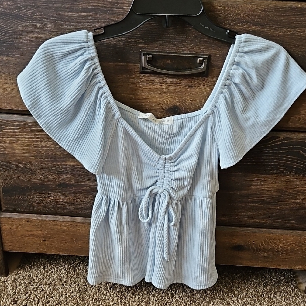 Altar'd State Blue Flutter Sleeve Ruched Blouse